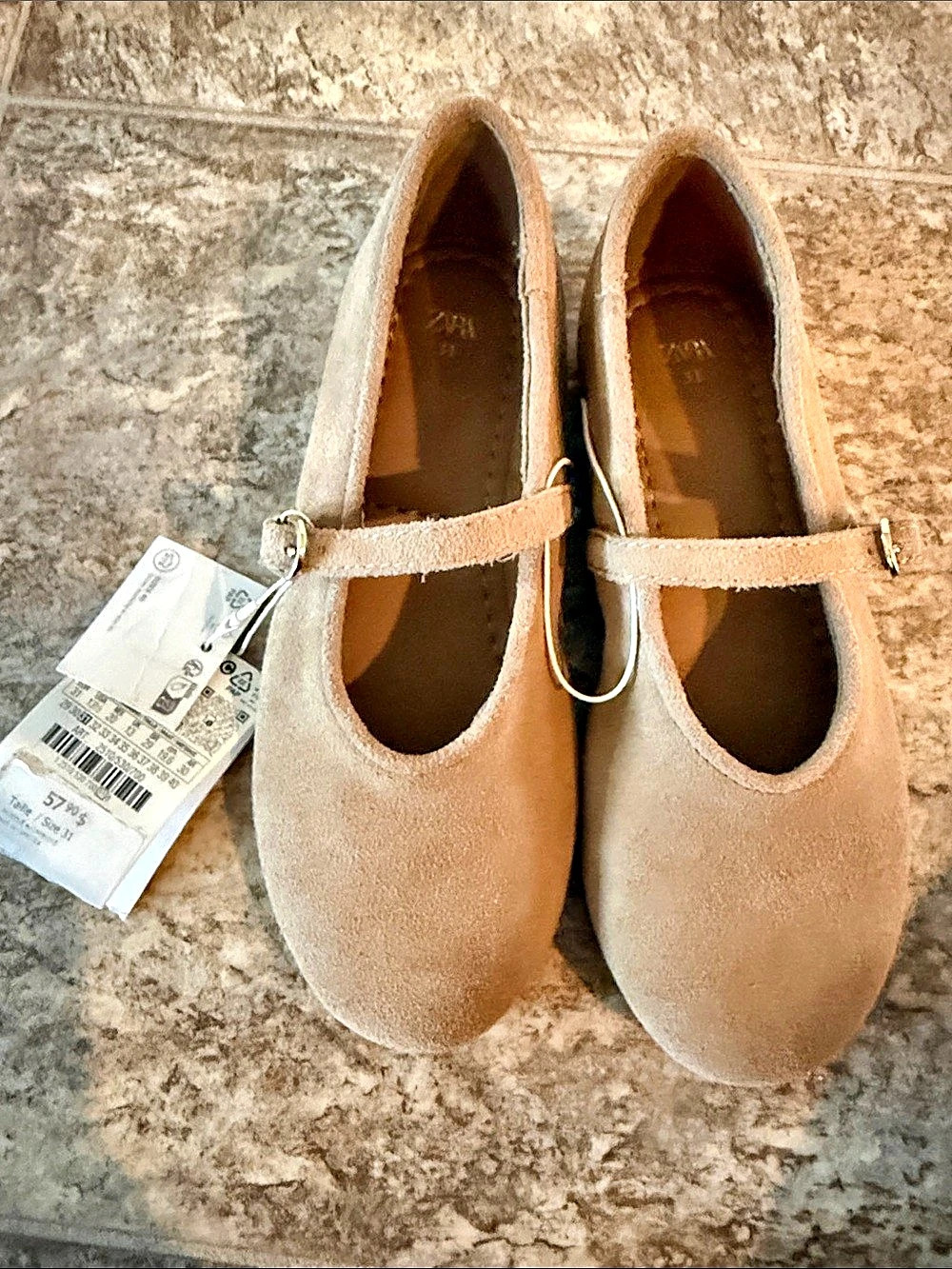 Zara Split Suede Ballerina Shoes Mary Jane Flats in Brown NWT